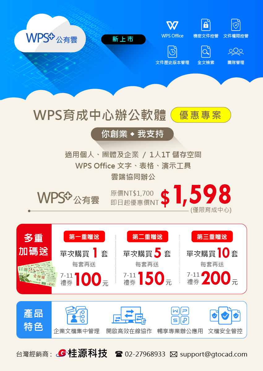 WPS+ 公有雲新上市，育成中心優惠專案，特惠價$1598      元